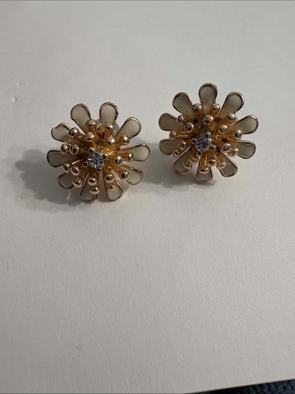 Gold Floral Crystal Center Stud Earrings - White Petal Accent
